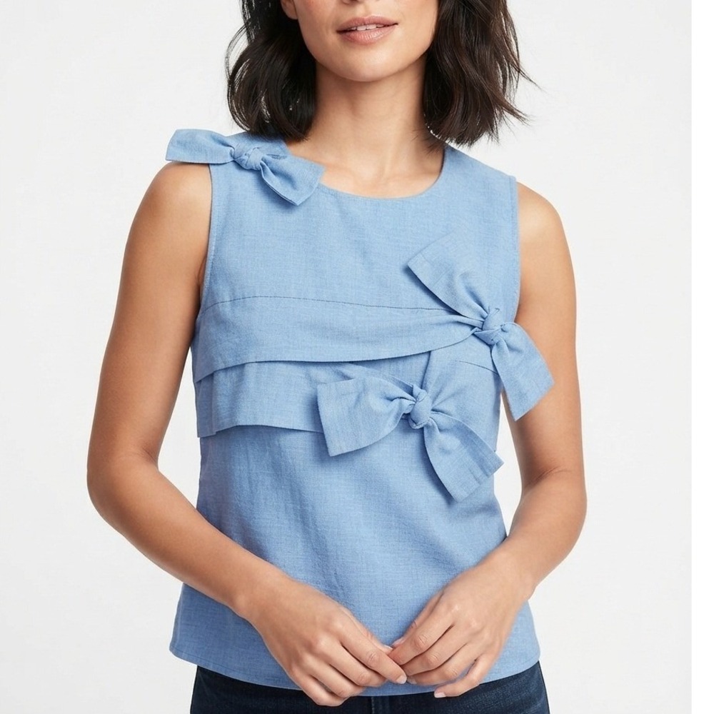 Banana Republic Bow Shell Sleeveless Ruffle Tiered Chambray Blue Extra Small